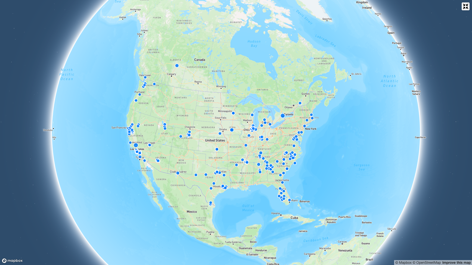 Mapa ampliado de cobertura de entregas en USA y Canadá
